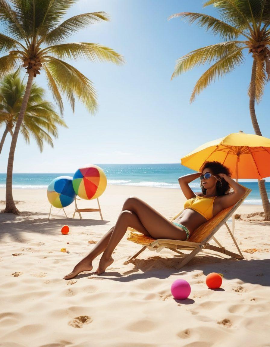 A vibrant beach scene featuring diverse models showcasing the latest bikini trends, surrounded by colorful beach umbrellas and sun loungers. The sun is shining brightly, and waves gently lap at the shore, enhancing the summer vibe. Include playful elements like beach balls and sunglasses scattered around. The overall atmosphere should evoke a sense of fun and fashion. super-realistic. vibrant colors. sunny day.
