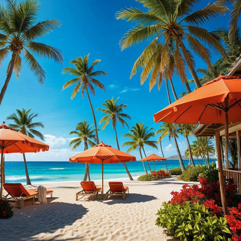 A stunning beach scene featuring a stylish swimwear display, with colorful swimsuits draped elegantly on a sunlit poolside cabana. Include palm trees swaying in the gentle breeze and a backdrop of crystal-clear turquoise water. Add vibrant beach umbrellas and a few fashionable beach towels to complete the paradise vibe. super-realistic. vibrant colors. 3D.